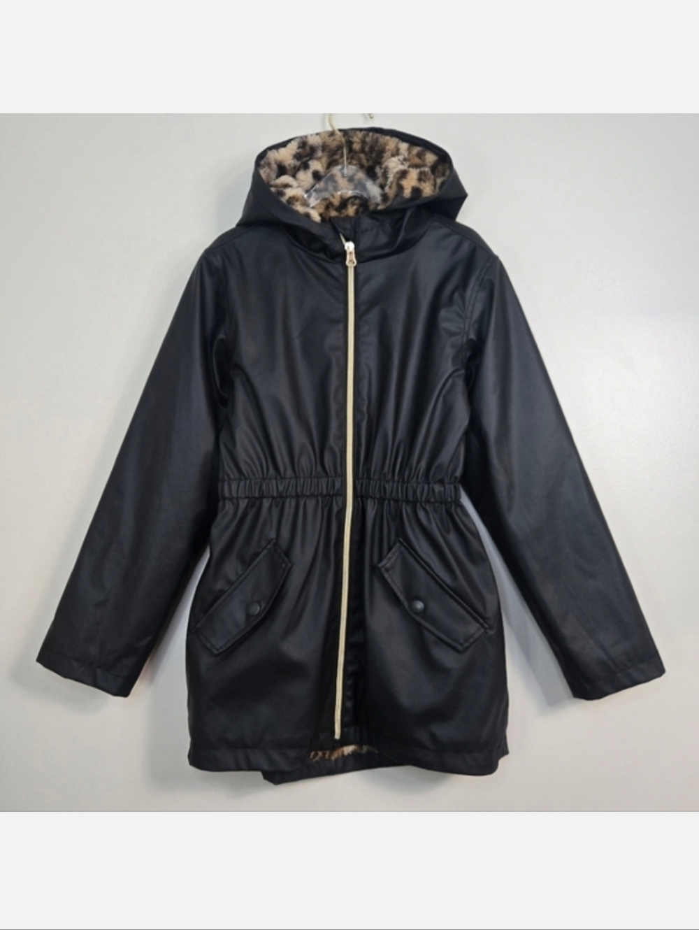 C&C California Girls Black Faux Fur Leopard Lined Raincoat, Size 8 ~ EUC